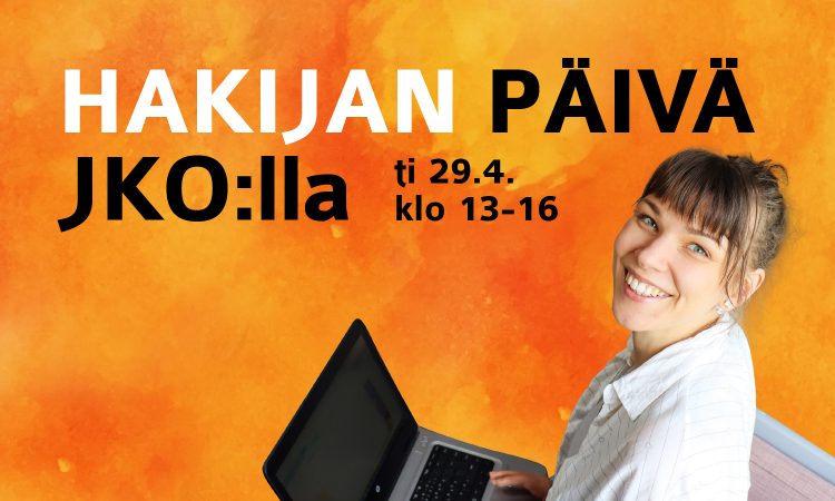 Hakijanpäivän mainoskuva jossa iloinen opiskelija kannettavan tietokoneen kanssa.