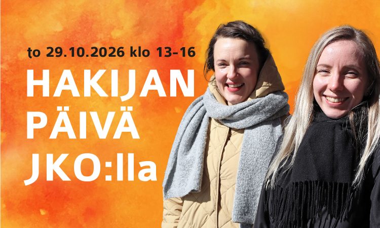 kaksi iloista naista oranssilla taustalla, jossa teksti hakijanpäivä JKO:lla